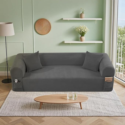 83'' Boneless Sofa in A Box, 3-Seater Floor Sofa No Assembly Corduroy Couch for Living Room, Cloud Couch with 2 Pillows & Storage Bag, Memory Foam Small Floor Couches for Office, Dark Gray