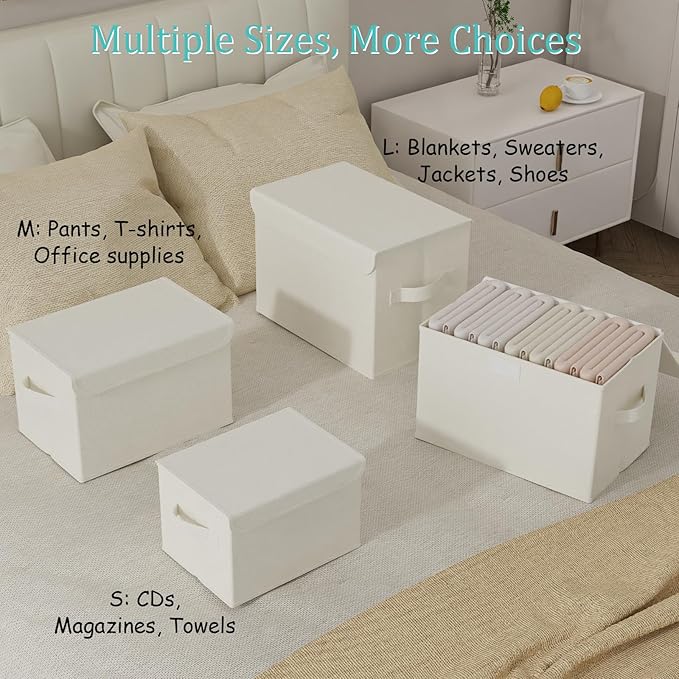 Fabric Storage Bin with Lid, Closet Boxes with Cover, Collapsible Stackable Organizer Basket with 2 Handles, for Home and Bedroom, 2 Pack, White, 10.2 x 7.9 x 6.7 In, XSNY12WS-2