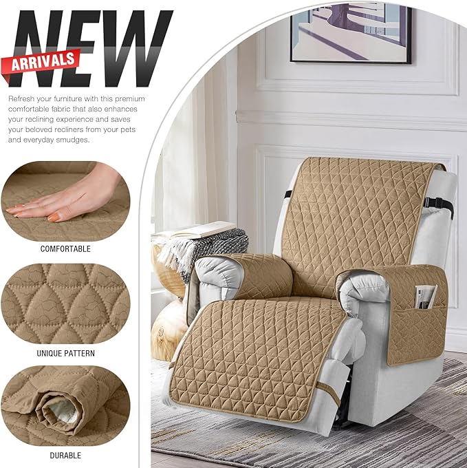TAOCOCO 100% Waterproof Recliner Cover - Recliner Cover with Non-Slip Granule, Recliner Chair Covers with Elastic Band, Recliner Chair Covers for Reclining Chair(Camel, Oversized-30'')