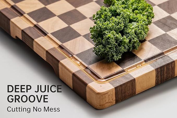 Cutting Boards for Kitchen, Design in USA Large Acacia Wood Chopping Board, Checkered Cutting Board with Juice Grooves & Handles, Butcher Block Serving Tray with Gift Box 16.5" x 11.6" x 0.8"