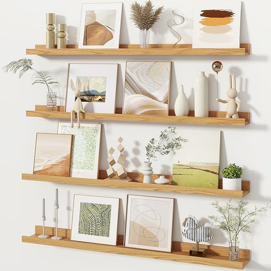 Fun Memories Picture Ledge Shelves Set of 4, 36 Inch Rustic Wall Mounted Floating Shelves with Lip for Home Storage and Décor in Bathroom, Kitchen, Nursery, Bedroom, Living Room, Oak