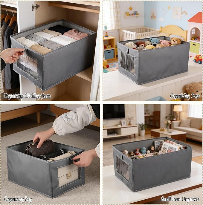 6 Pieces Oxford Cloth Storage Bins with Clear Window, Shelf Basket Closet Clothes Organizer Storage Containers for Organizing Shelves Wardrobe Office Clothing Books