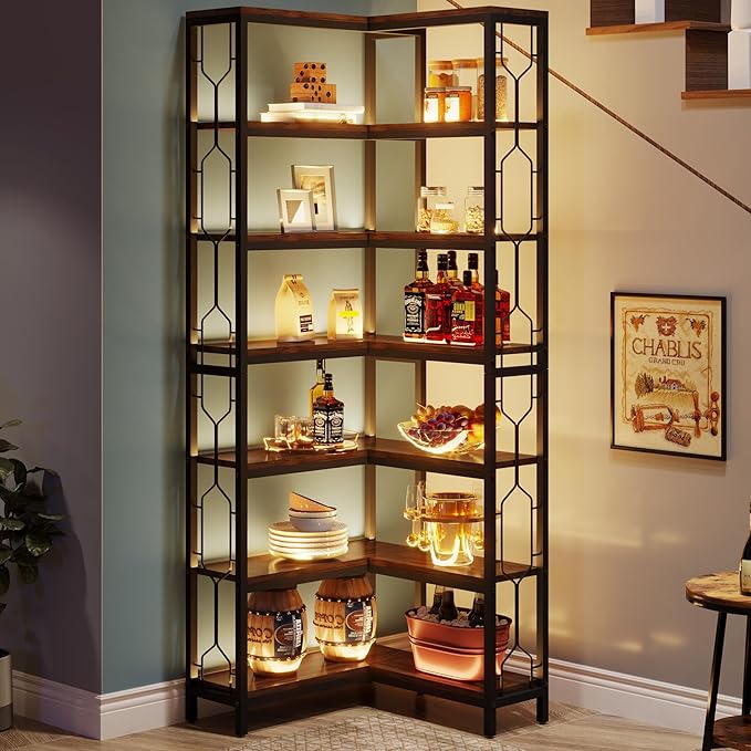 Tribesigns Corner Shelf, 7-Tier Industrial Corner Bookshelf, Wood and Metal Etagere Bookcase, Freestanding Display Shelf for Living Room, Kitchen, Home Office, Rustic Brown