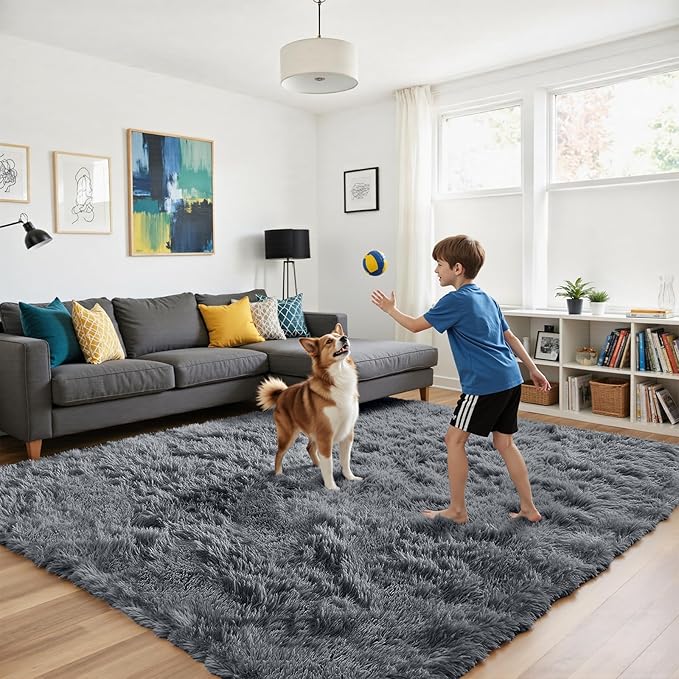 Fluffy Rug Shaggy Area Rug, Grey 10x14 Area Rugs for Bedroom, Super Soft Shaggy Rugs for Living Room Bedroom Kids Room Home Decor, Upgrade Anti-Skid Rectangular Fuzzy Rug