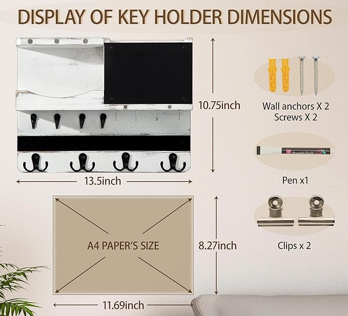 Key Holder for Wall Mount with Shelf and Mail Organizer, Key and Mail Holder with 16 Hooks, Farmhouse Entryway Organizer, Home Decor Rack (Pine Wood, White Washed)