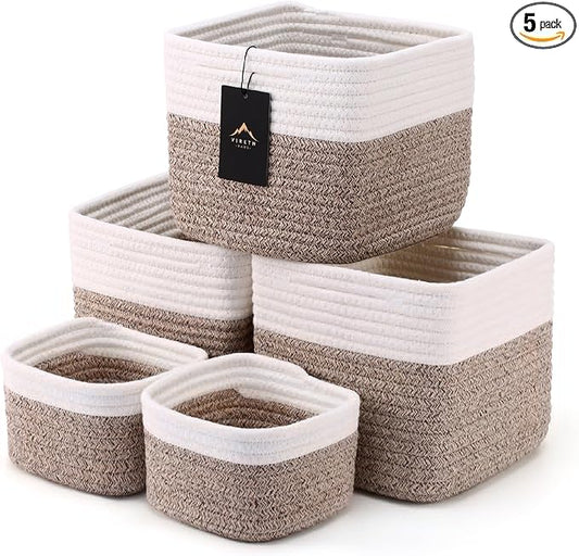 5-Pack Storage Cubes Woven Rope Baskets - 2 Sizes Organizer Bins for Closet, Shelf, Bookshelf, Nursery, Changing Table, Cube Storage Bins, Storage Baskets for Bathroom Toy & Home