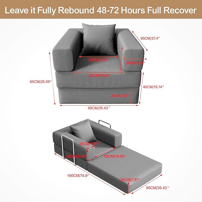 2-in-1 Floor Foldable Sofa Couch Convertible Sleeper Chaise Lounge Chair Indoor Portable Fold Out Futon Mattress with Back Support for Living Room,Bedroom (Gray, 35.43" Single Sofa)