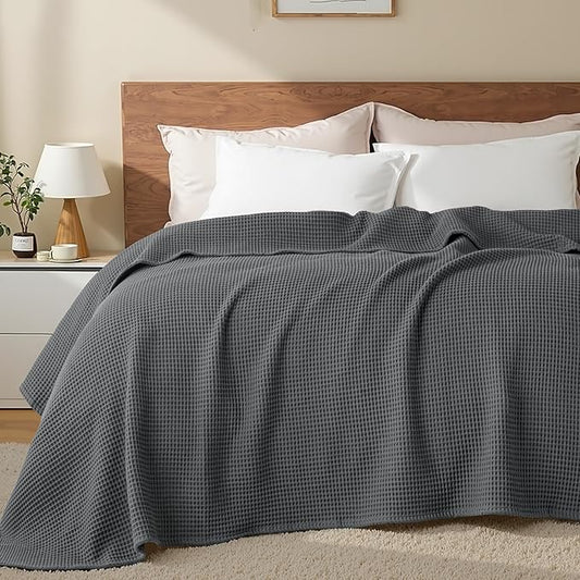 Exclusivo Mezcla 100% Cotton Waffle Weave Blanket Twin Size, Soft, Lightweight and Breathable Muslin Gauze Blanket for Dorm, Home Decor, All Season, 60"x80", Dark Grey