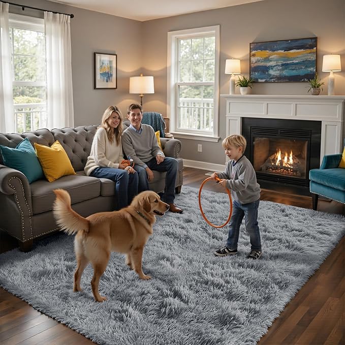 Fluffy Rug Shaggy Area Rug, Light Grey 6x9 Area Rugs for Living Room, Large Shag Area Rugs for Bedroom Kids Room Home Decor, Upgrade Anti-Skid Rectangular Fuzzy Rugs