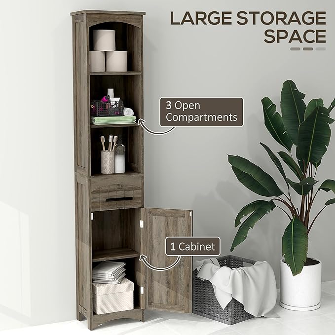 HOMCOM Tall Bathroom Storage Cabinet, Farmhouse Narrow Bathroom Storage Cabinet with Recessed Drawer and Barn Door, Linen Cabinet, Weathered Gray Oak