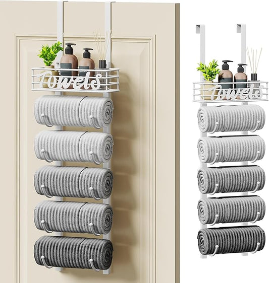 SWTYMIKI Hanging Towel Racks for Bathroom - 6 Tier Over The Door & Wall Mounted Bath Rolled Towel Storage Organizer Holder for Small Bathroom, RV, Camper, White (Patented)