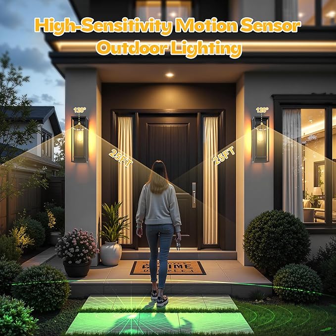 Large Motion Sensor Outdoor Lighting-20in Dusk to Dawn Modern Waterproof Sconce Wall Mounted E26 Black Porch Lights Exterior Lighting Fixture for Coach Doorway Patio