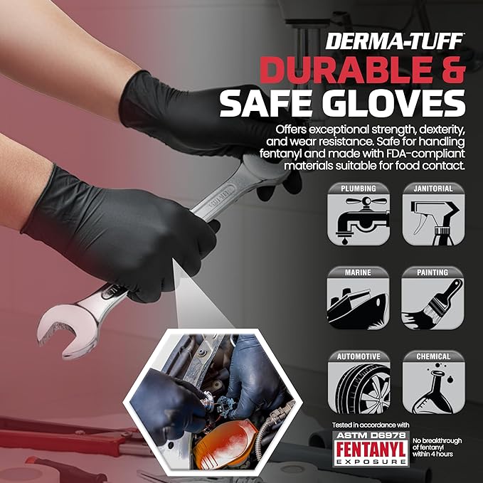SAS Safety SAS - 66583-120 PACK Derma-Tuff Powder Free Nitrile Disposable Gloves, 6 Mil, 2XL 120 Ct, Latex Free, Black