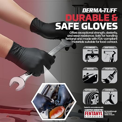 SAS Derma-Tuff Powder Free Nitrile Gloves Small, 6 Mil Chemical + Puncture Resistant Exam Grade, Latex Free Black Gloves Disposable for Maintenance, Automotive and Janitorial, 120 Ct