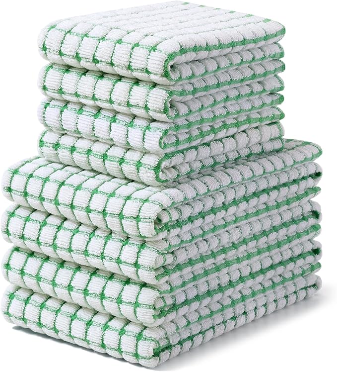 Homaxy Kitchen Towels and Dishcloths Set, 16 x 25 and 12 x 12 Inches, Set of 8 Cotton Terry Kitchen Dish Towels, Super Soft and Absorbent Dish Cloths, Green