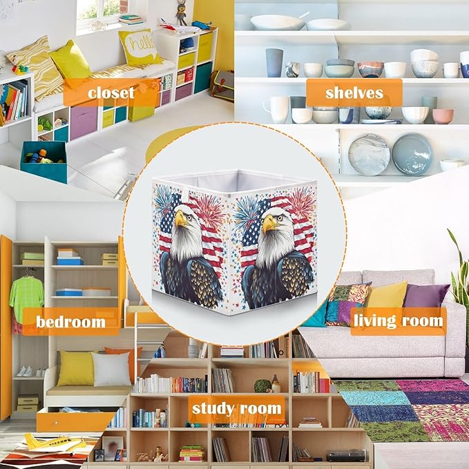 Bald Eagle Fireworks American Flag Closet Organizers Storage Cubes Storage Bins Shelf Baskets Containers for Home Room Office,Rectangle
