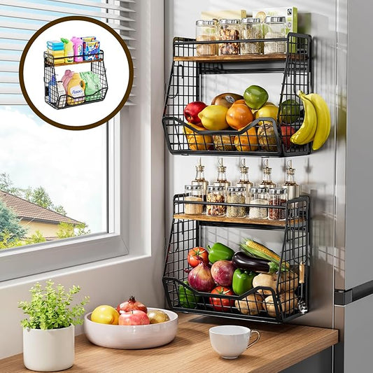 Strong Magnetic Shelf for Fridge 2-in-1 Magnetic Spice Rack for Refrigerator with Wood Top, Extra-Wide Heavy Duty Rust-Proof Fridge Organizer Basket for Potato Onion Fruit Kitchen Pantry Storage-2pcs