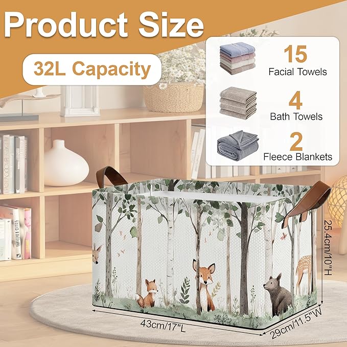 Forest Animal Storage Bin with Handles, Basket Storage Organizer for Shelves, Closet, Nursery, Book, Laundry Hamper & Home Decor