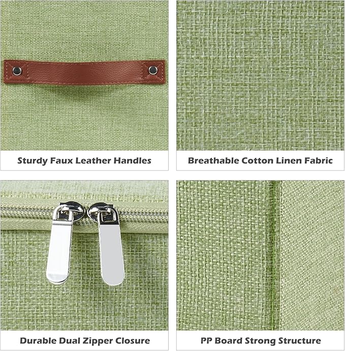 4PCS Storage Cubes with Lid Fabric Storage Bins Boxes PU Leather Handles Cotton Linen Closet Organizer Container Decorative Foldable Washable Shelf Cloth Basket (Zipper Lid, Green, 11in)