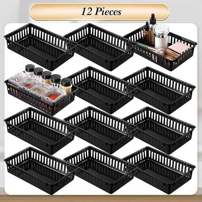 Wenqik Set of 12 Small Plastic Baskets for Organizing 10.24 x 6.5 x 2.36 Inch Pharmacy Baskets Rectangular Trays Plastic Organizer for Office Pharmacy Dorm Kitchens, Closets Shelves(Black)