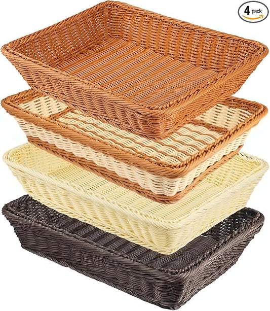 4 PCS 16x12 Inch Wicker Bread Basket, Woven Serving Basket, Tabletop Food Serving Basket for Restaurant, Bakery, Family Party, Hotel Serving, Fruits, Vegetables and Snacks(4 color)