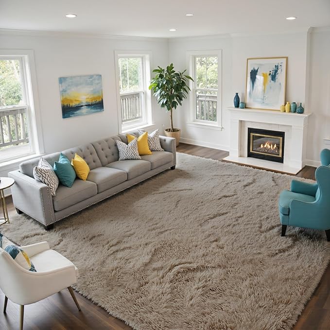 Fluffy Rug Shaggy Area Rug, Beige 9x12 Area Rugs for Living Room, Large Shag Area Rugs for Bedroom Kids Room Home Decor, Upgrade Anti-Skid Rectangular Fuzzy Rugs