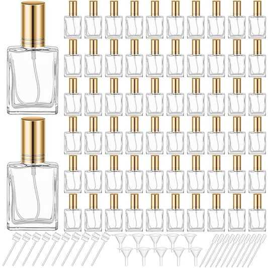 Domensi 60 Pcs 15 ml Glass Perfume Bottles Mini Glass Empty Spray Atomizer Bottles Bulk Refillable Perfume Dispenser Container with Pump Tool for Travel Cleaning Skin Care(Gold)