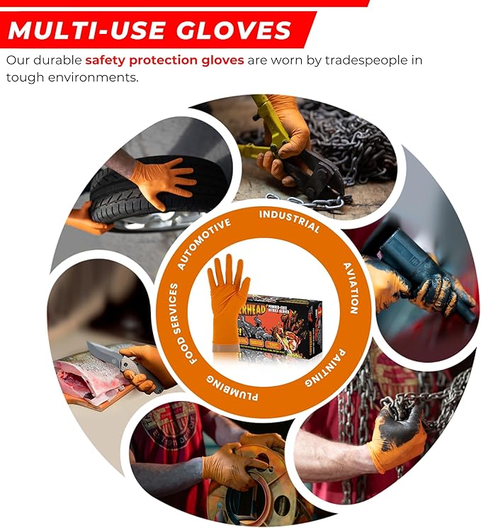 Copperhead HD Orange Nitrile Disposable Gloves, 8 Mil, Latex and Powder Free, Industrial, Food Safe, Raised Diamond Texture