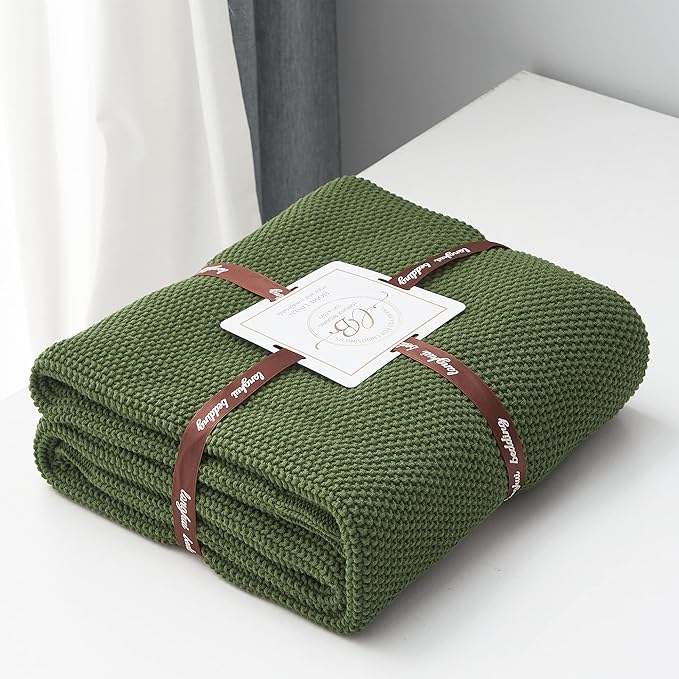 Longhui bedding Olive Green Cotton Cable Knit Throw Blanket for Couch Sofa Bed, Home Decorative Lightweight Knitted Blankets with Bonus Laundering Bag, 60“ x 80”, Machine Washable