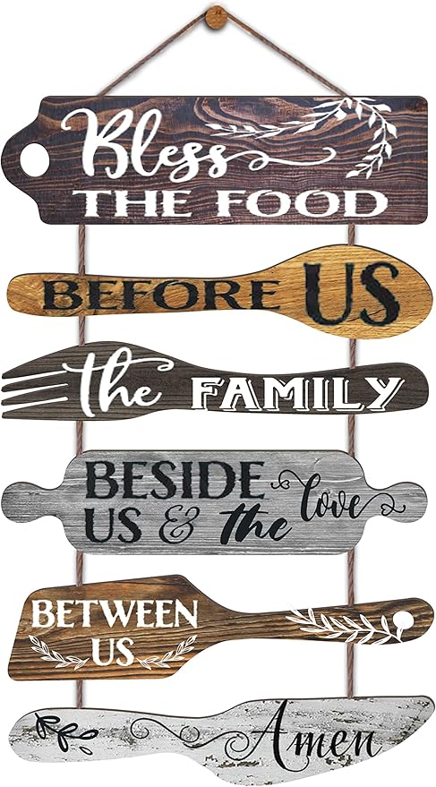 Bless the Food Before Us Farmhouse Kitchen Wall Decor - Dining Room Decorations Collage Wall Art in Neutral Grey Color - Wooden Rustic 6pcs Roped Sign 25x14 Inches Vertical