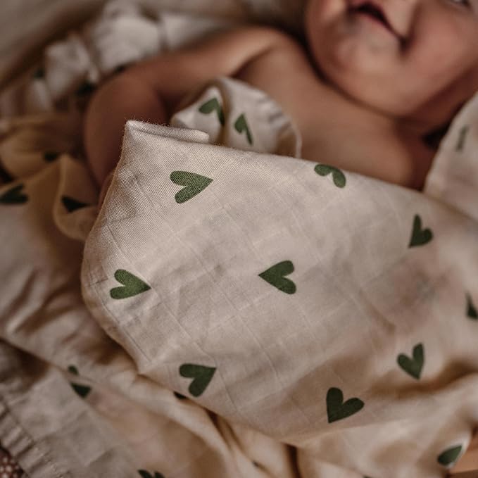 Baby Swaddle – Organic Cotton Muslin Baby Swaddles for Newborns 47” x 47” (Green Hearts)