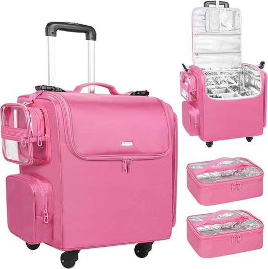 Relavel Rolling Makeup Train Case, Hairstylist Traveling Bag with 4 Wheels, Heat Insulation Full Layer, Adjustable Dividers, Hair Tools and Cosmetics Storage Organizer Trolley Suitcase, Rose Pink