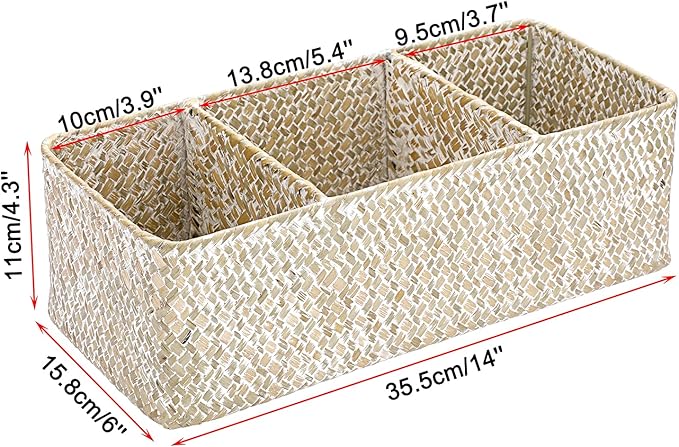 Hipiwe Seagrass Storage Basket Bin- 3 Sections Hand-Woven Toilet Basket Wicker Shelf Bathroom Organizer Bins for Shelves, Kitchen, Closets, Toilet Paper Tissue Organizer
