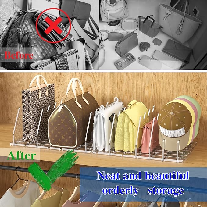 purse organizer for closet Sleek Transparent Acrylic Adjustable Organizer -shelf dividers Multifunctional for Home & Office Spaces (8 Baffles + 1 Hat Stand (Clear, 8+2)