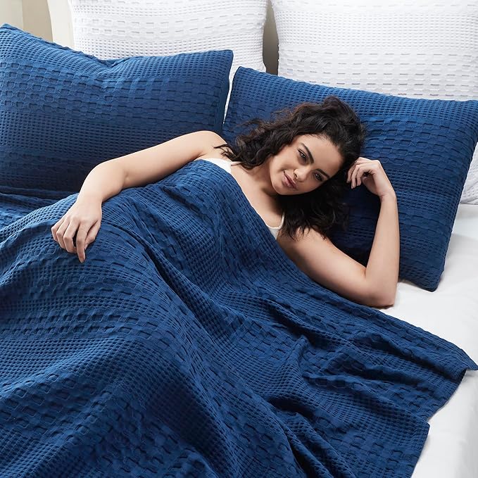 VHC Brands 100% Cotton Waffle Weave Queen Blanket 90"x90", Decorative Lightweight Spring and Summer Throw Blanket, Bedroom Decor for Bed, Couch, or Sofa, Navy