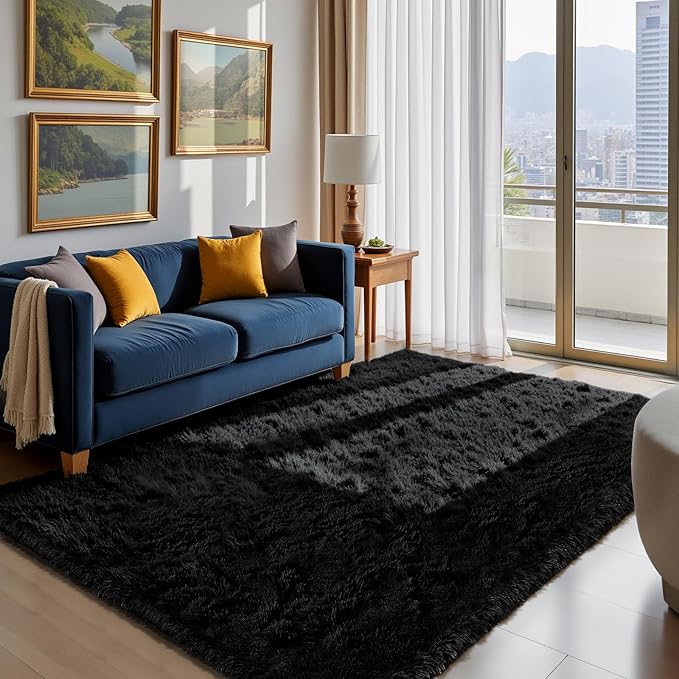 Fluffy Rug Shaggy Area Rug, Black 5x8 Area Rugs for Bedroom, Small Bedside Rug, Soft Fluffy Shaggy Entryway Throw Rugs for Living Room Bedroom Kids Room Home Decor