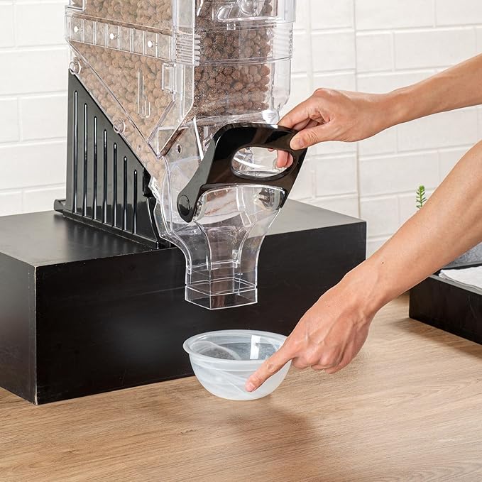 Restaurantware Cereal Dispenser 5 gal Plastic Gravity Bin Candy Dispenser Self-Serve Black Dry Food with Stand for Breakfast Buffet or Hotel Use