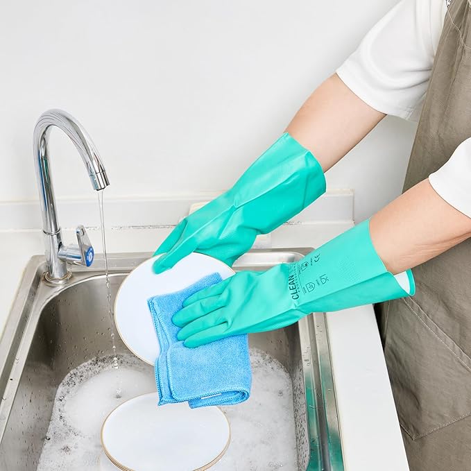 Green Cleaning Gloves 10 Pairs 15 Mil Thick Large Heavy-Duty Nitrile Gloves With Long Cuff No-Latex Flock Lining For Use In Hospitals, Laboratories, Kitchens and Households