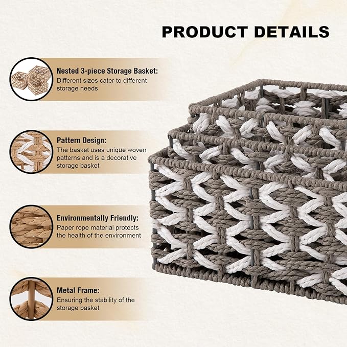 OIAHOMY Storage Baskets Paper Rope Shelf Baskets, Handwoven Small Wicker Bins for Home, Set of 3-Grey & White