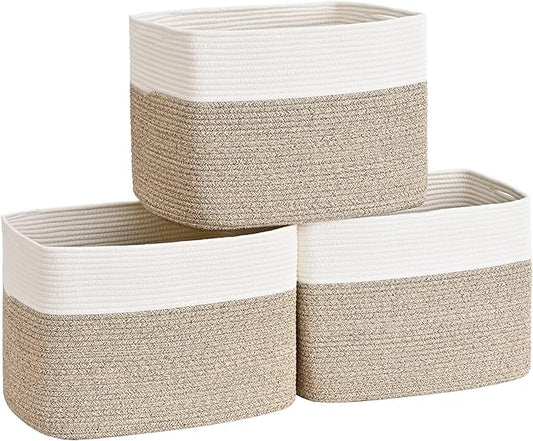 3 Pack Cube Storage Bin, 17”x12”x12” Cotton Rope Woven Baskets for Organizing Toys Clothes Towels, Square Gift Storage Baskets for Shelves, Nursery, Closet, Bathroom, Pantry (White & Jute)
