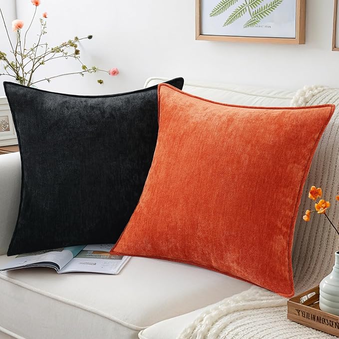 decorUhome Spring Couch Throw Pillow Covers 16x16 Set of 2, Decorative Soft Velvet Modern Cozy Chenille Pillow Cases with Elegant Design for Sofa Bed Living Room Home Decor, Black