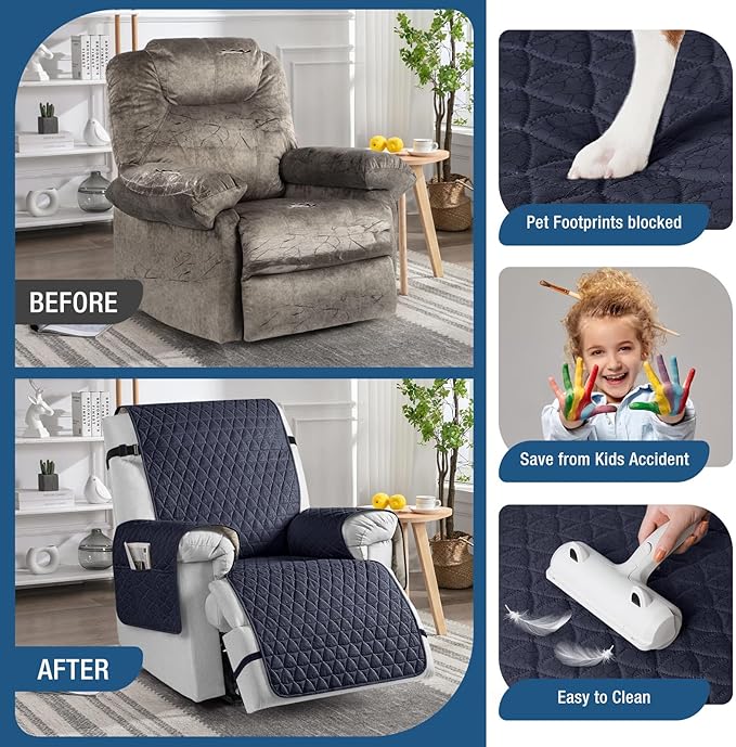 TAOCOCO 100% Waterproof Recliner Cover - Recliner Cover with Non-Slip Granule, Recliner Chair Covers with Elastic Band, Recliner Chair Covers for Reclining Chair(Dark Blue, Medium-25'')