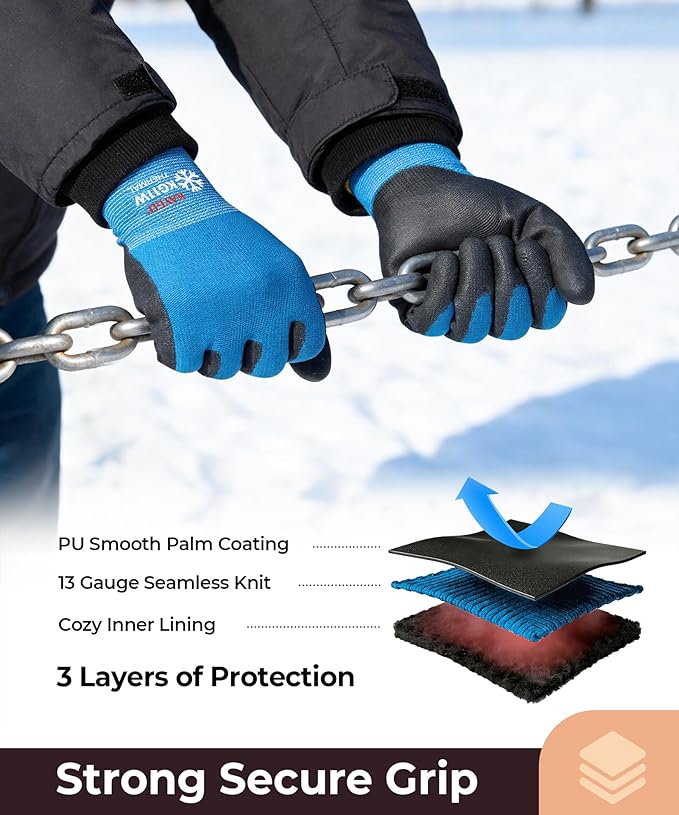 12 Pairs Winter Work Gloves for Men and Women, Thermal Insulated Safety Work Gloves PU Coated, Super Grip,Ideal for Freezer Work,Blue,S