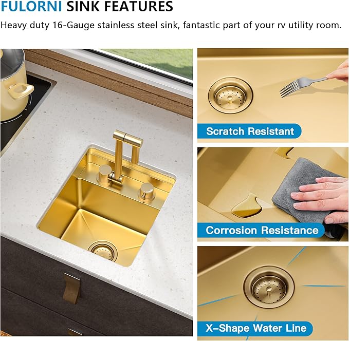 13"x15" Small RV Kitchen Sink – 16 Gauge 304 Stainless Steel Brushed Gold NANO-PVD Undermount Single Bowl Sink with Foldable Faucet, for RV, Camper, Mobile Home, Wet Bar