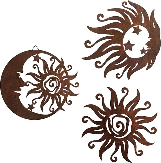 VividLadybug Sun Moon Wall Hanging, Wall Sculpture, Metal Wall Art Indoor/Outdoor Decor Rust Colored Rust Proof Wall Sculpture - Ideal for Bedrooms, Gardens, Homes, Patios and Farmhouses, Set of 3