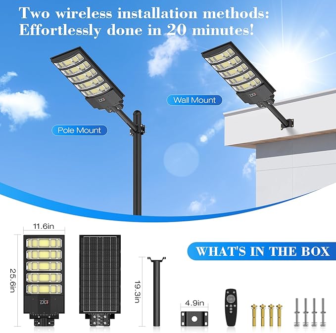 Solar Street Light Outdoor, 10000W Solar Lights Outdoor Waterproof with Motion Sensor, IP66 Solar Security Flood Lights for Yard, Pathway, Parking Lot - 350° Wide Angle & Remote Control Included