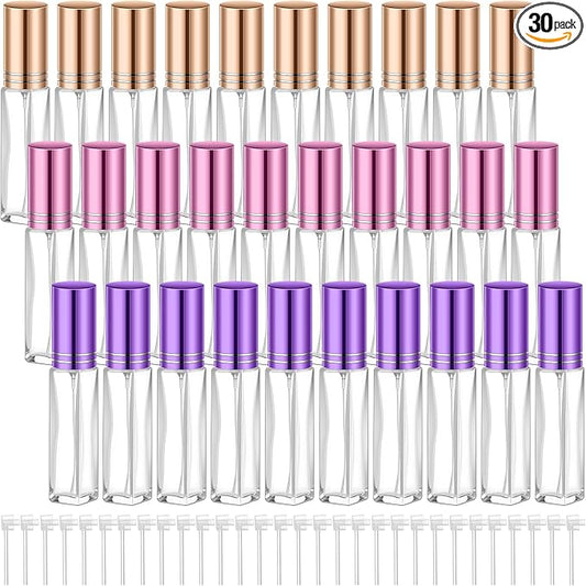 Domensi 30 Pcs 8 ml Empty Glass Perfume Bottles Bulk - Pink,Purple,Rose Gold Refillable Cologne Spray Atomizer with Pump, for Travel, Skincare, Haircare, Cleaning & DIY Essentials