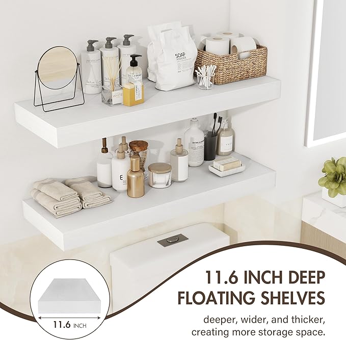 24 Inch Floating Shelves, 12" Deep Floating Shelf Wall Mounted, 24" Wall Shelves, Rustic Deep Bookshelf, Extra Deeper & Thicker Display Shelves for Bedroom, Living Room, White, Set of 2