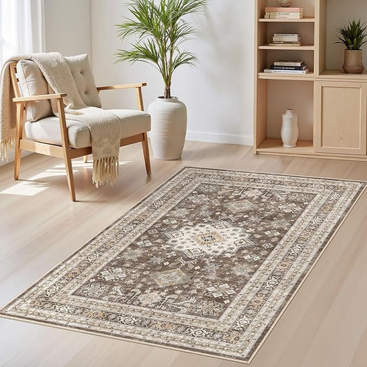 Vintage Living Room Area Rug 3x5 - Large Soft Washable Oriental Traditional Distressed Farmhouse Rugs for Bedroom - Indoor Floor Accent Carpet for Home Office House Decor - Dark Brown