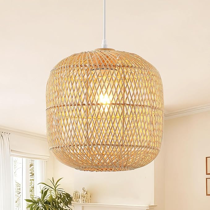 Hand-Woven Rattan Pendant Light, 11in Rattan Chandelier Boho Wicker Hanging Lighting Fixture Coastal Pendant Lights for Kitchen Island Dining Room Bedroom Foyer Entrance
